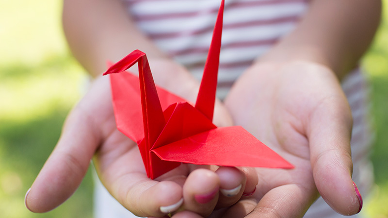 Hands holding an origami crane