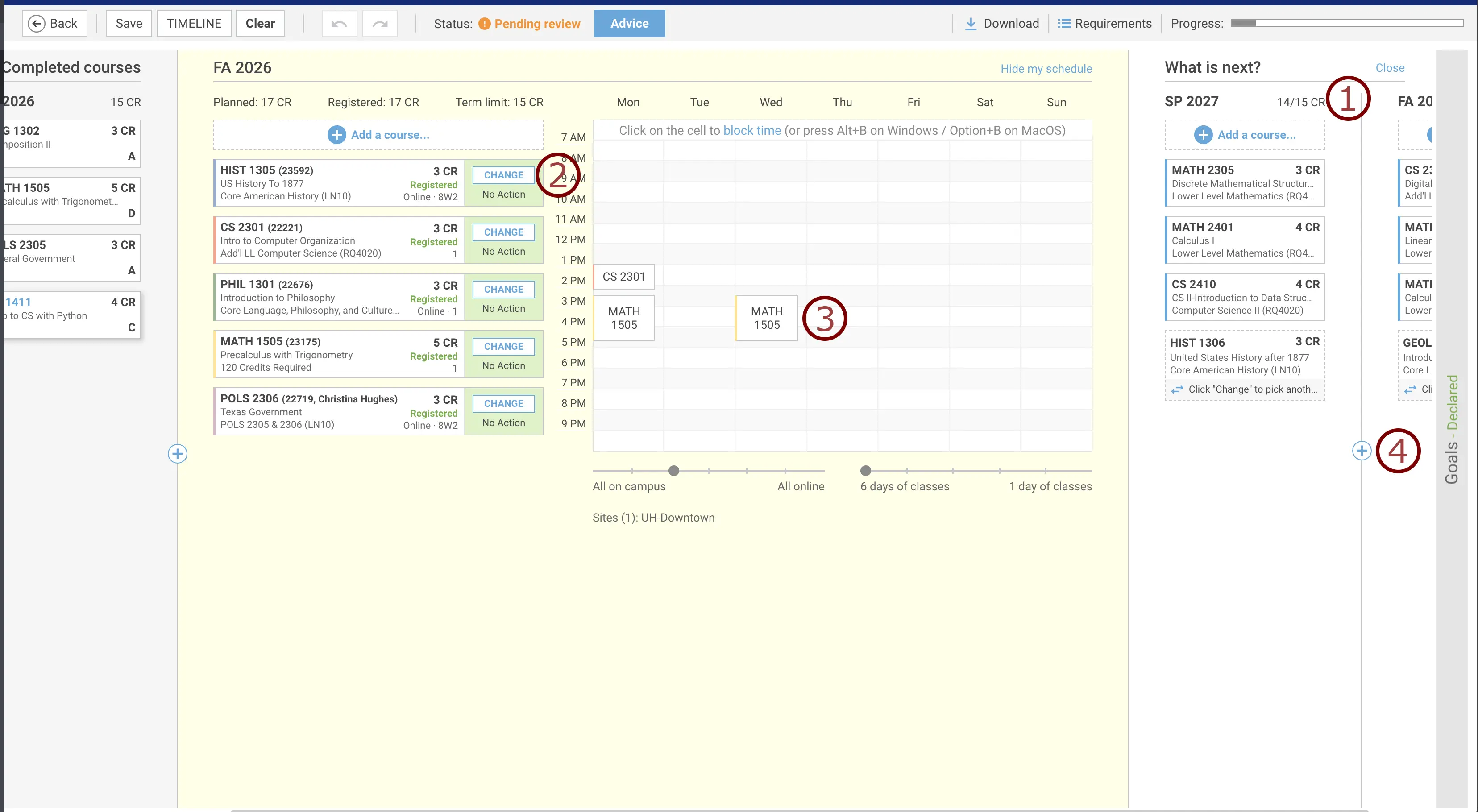 Smart Plan interface showing a student’s planned courses and weekly class schedule