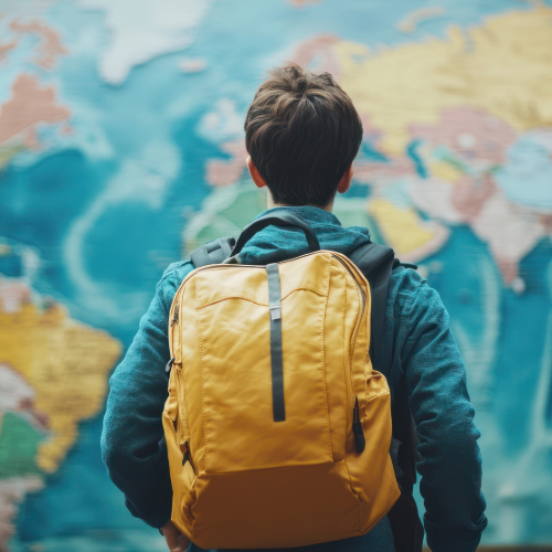 study abroad student with backpack