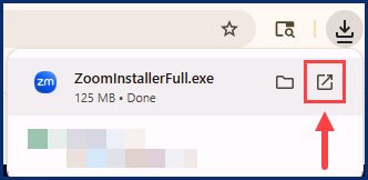 A screenshot of the downloaded ZoomInstaller.exe file in the browser tab for recent downloads.