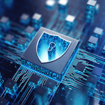 A lock on a block surrounded by computer circuits