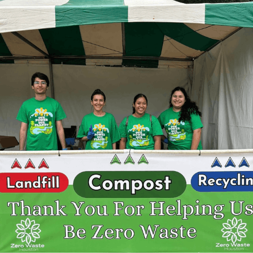 University of Houston-Downtown students at a zero waste tent at Discovery Green's Earth Day 2025 event in Downtown Houston. 
