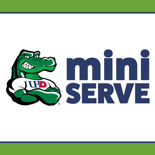 The University of Houston-Downtown alligator mascot. Text reads miniserve.