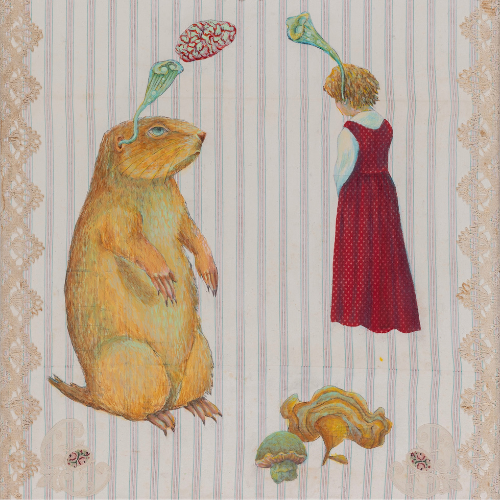 A gopher, organic shape, and figure of a girl painted on fabric by Louisiana State University professor of art Kelli Scott Kelley.