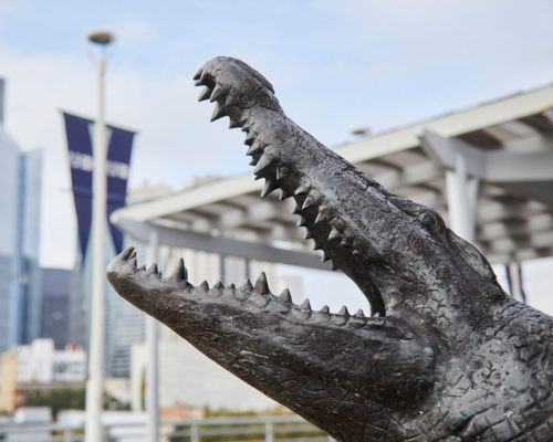 An alligator sculpture on the university of houston-downtown's south deck in downtown houston