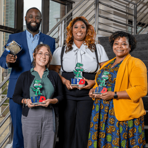 Michaela Milligan, Ikea Jernigan, Cecealia Burns, Tremaine Kwasikpui hold staff awards at the university of houston-downtown's 2026 staff awards ceremony in downtown houston
